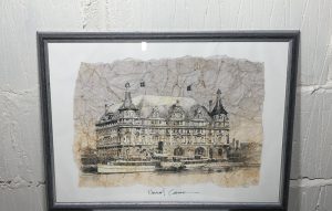 Print from original drawing with pen, special technique to look vintage named "Steam ship"