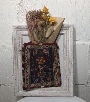 Vintage Persian Afshari (Sirjan) chanteh kilim with dried flowers
