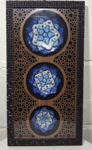 3 framed Persian Minakari plates (painted copper)