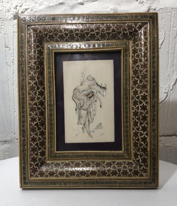 Persian Khatam frame with Persian minature painting on wood - Image 3